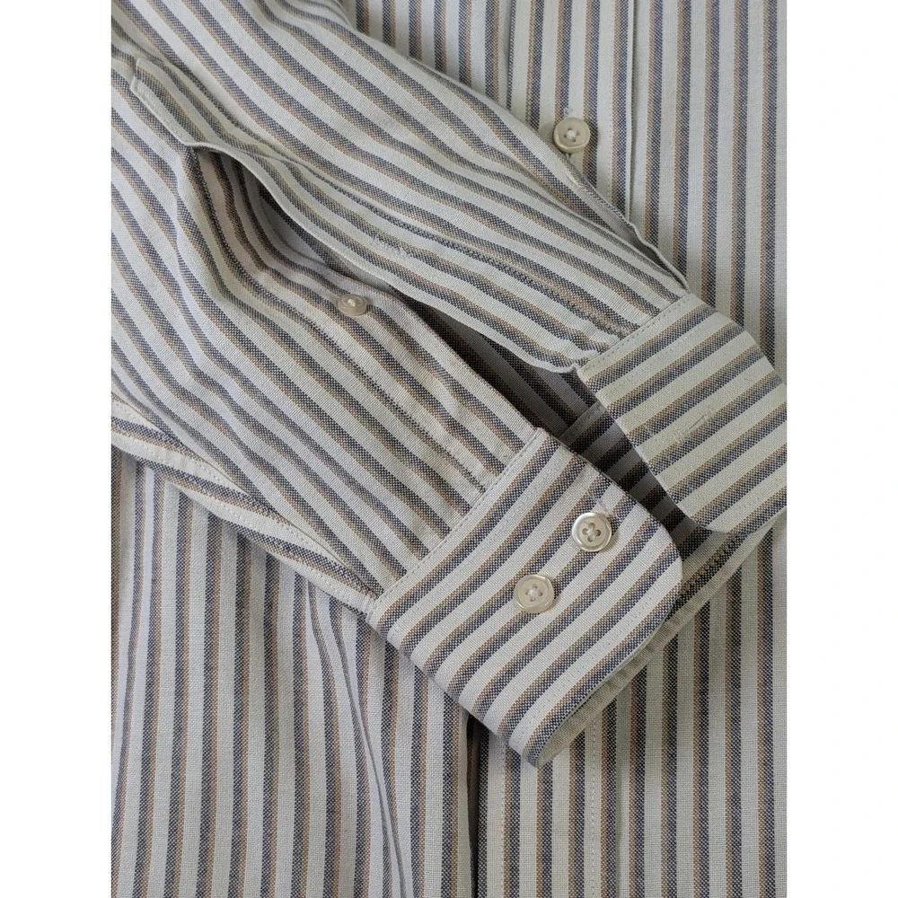 Stafford Mens 17 36/37 Striped Oxford Button Down Shirt Blue Tan Wrinkle Free